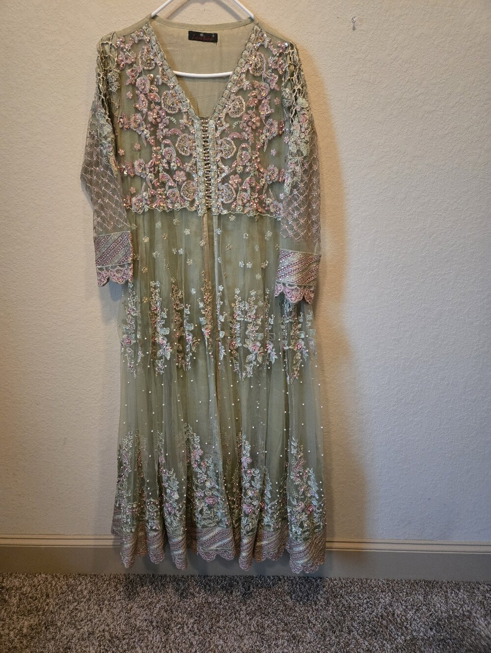Embroidered Sage Green Maxi Dress with Pink Floral Accents